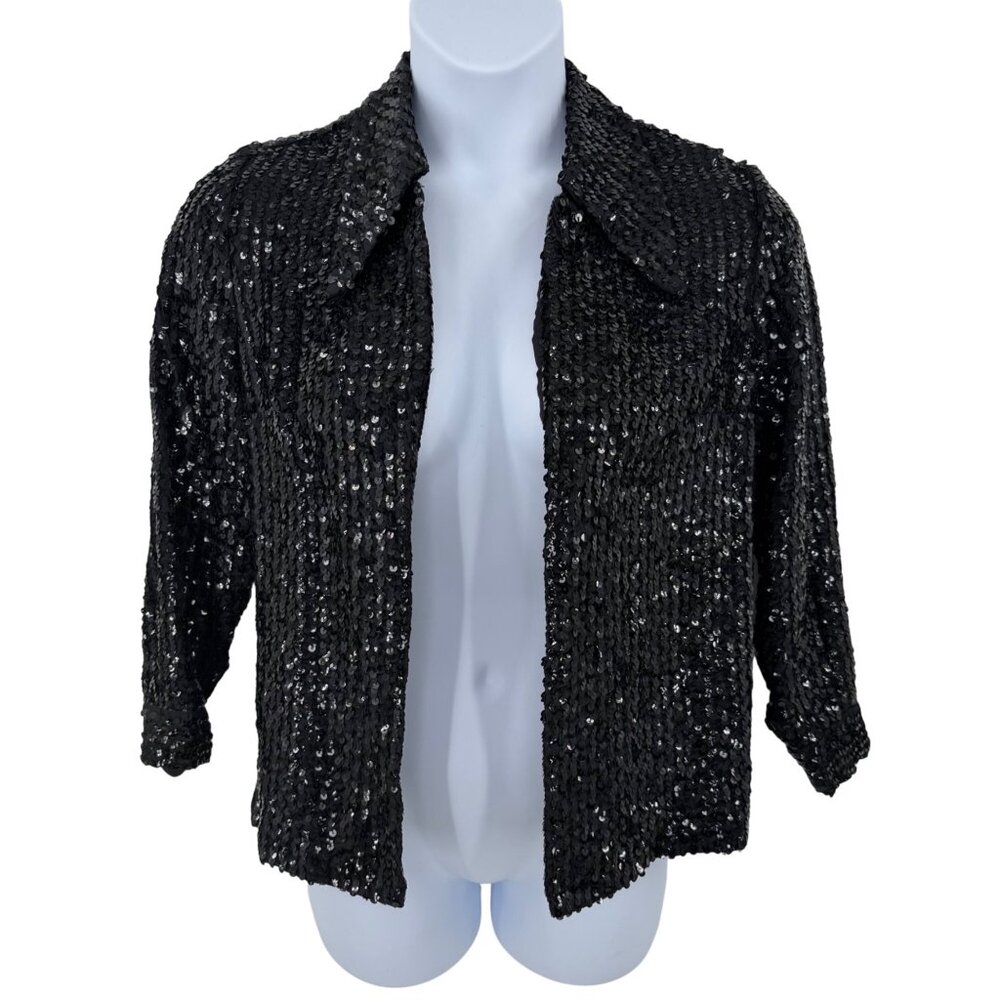VINTAGE ELINOR GAY BLACK SEQUIN OPEN FRONT BLAZER JACKET - M